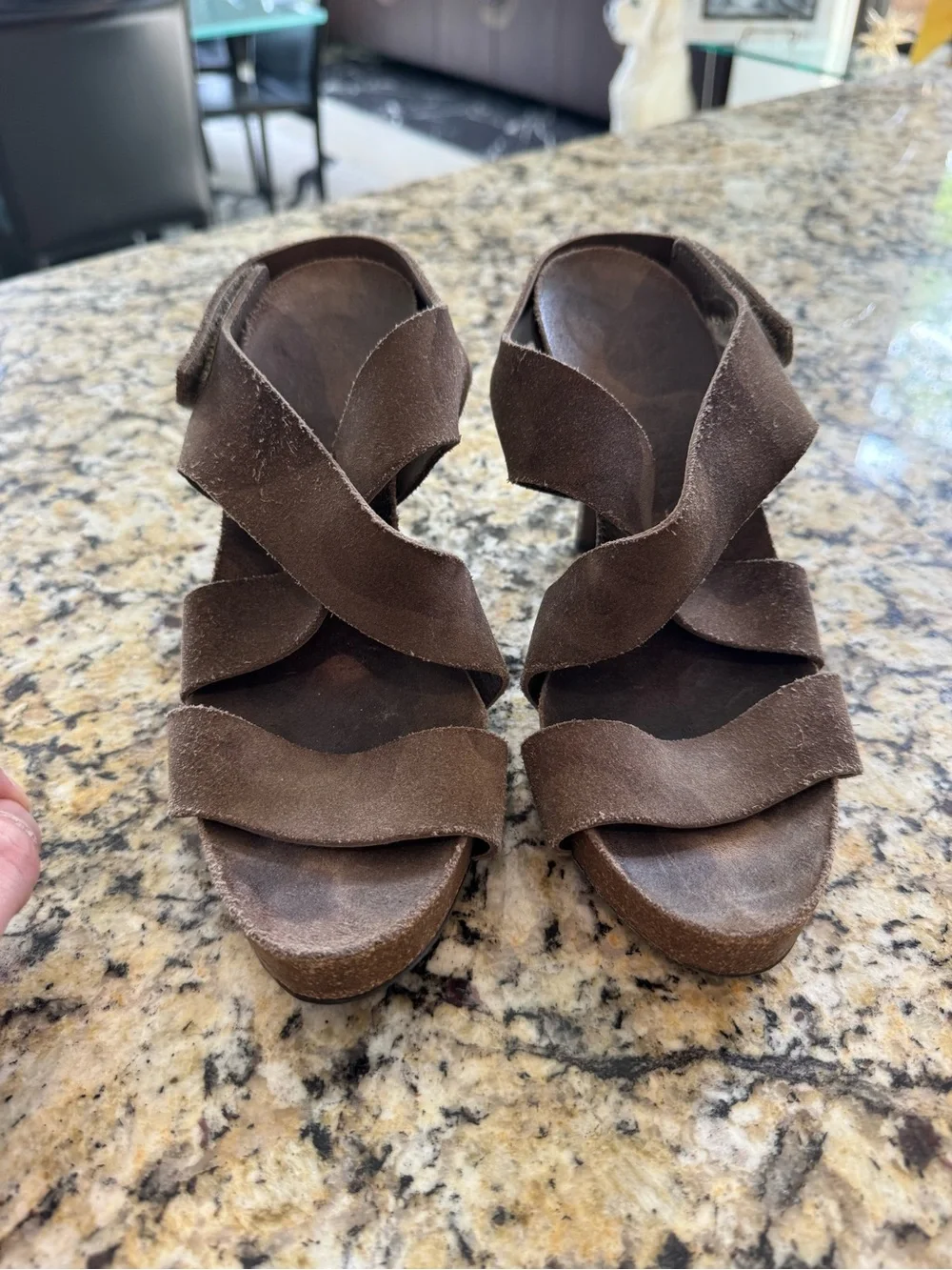 Pedro Garcia Taupe Suede Criss Cross Platform Sandals Heels Sz 36.5